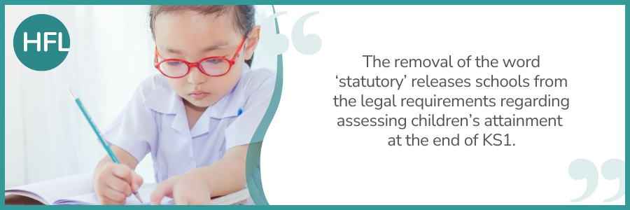"The removal of the word ‘statutory’ releases schools from the legal requirements regarding assessing children’s attainment at the end of KS1." 