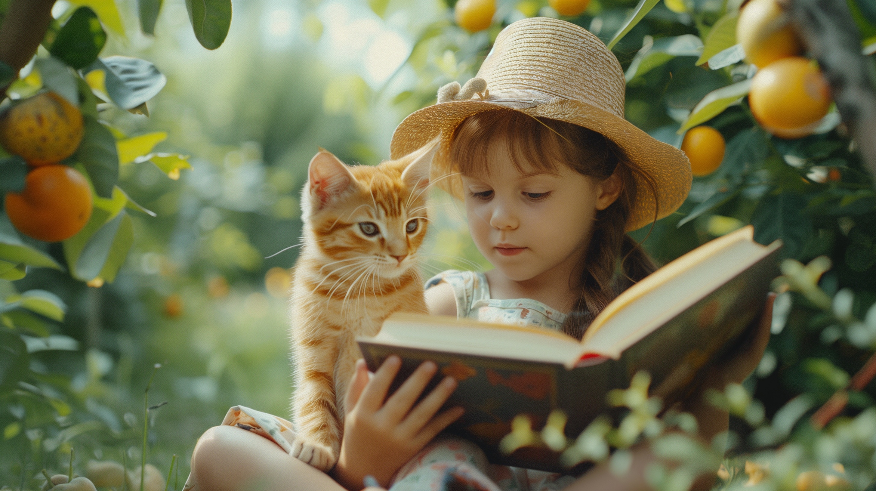 Girl reading with her cat 