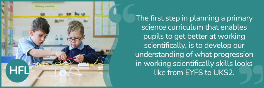 "The first step in planning a primary science curriculum that enables pupils to get better at working scientifically, is to develop our understanding of what progression in working scientifically skills looks like from EYFS to UKS2."