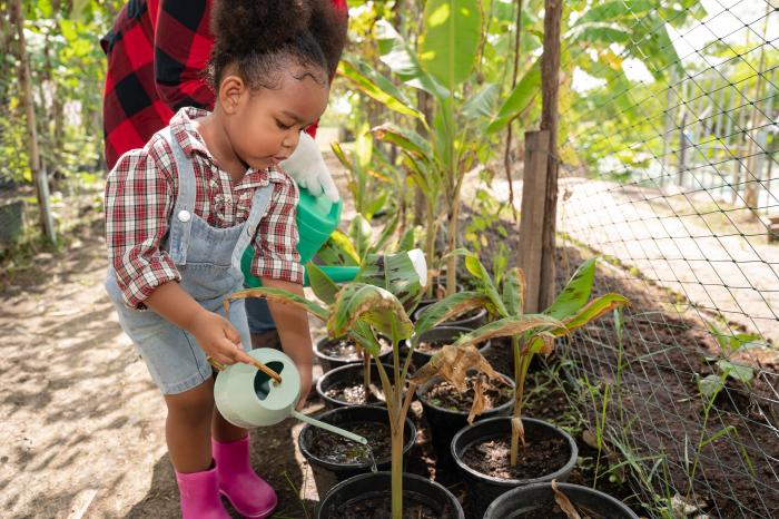 Child under supervision watering plants