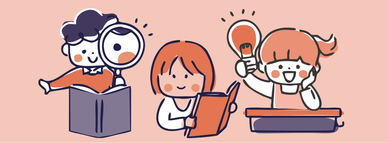 Illustration of happy children with books, lightbulb and magnifying glass