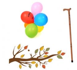 Balloons, tree brand and walking stick graphic