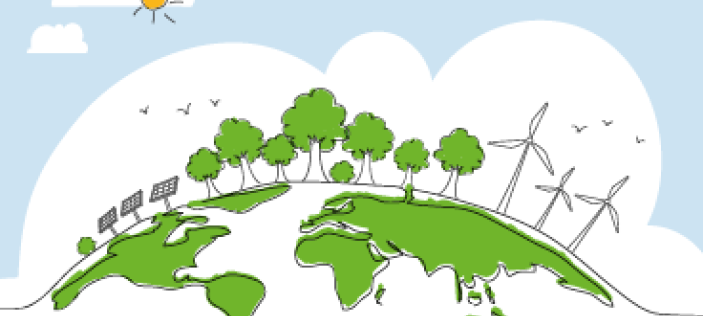 Cartoon drawing of Earth with green continents, blue skies, windfarms, trees and sun