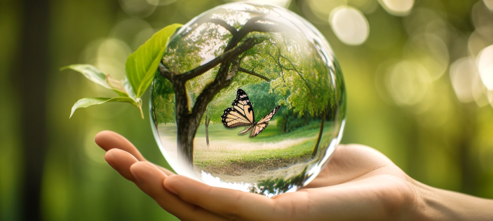 Hand holding glass sphere on nature background 