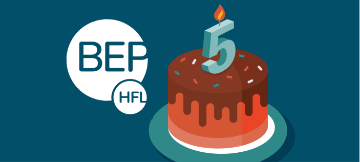 BEP logo with a '5' birthday cake