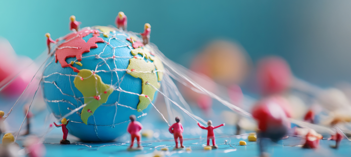 Mini earth covered in tini ropes being held onto by small people