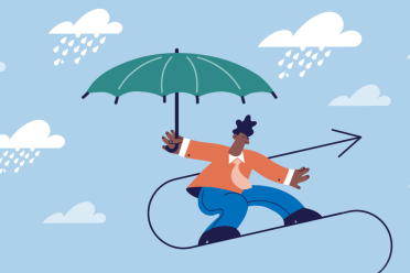 Illustrated character holding an umbrella on a sky blue background