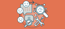 The HFL Toolkit for School-Based Complaints – launching summer term 2 Illustrated magnifying glasses, speech bubbles and tools with a mix of happy and sad faces on orange background